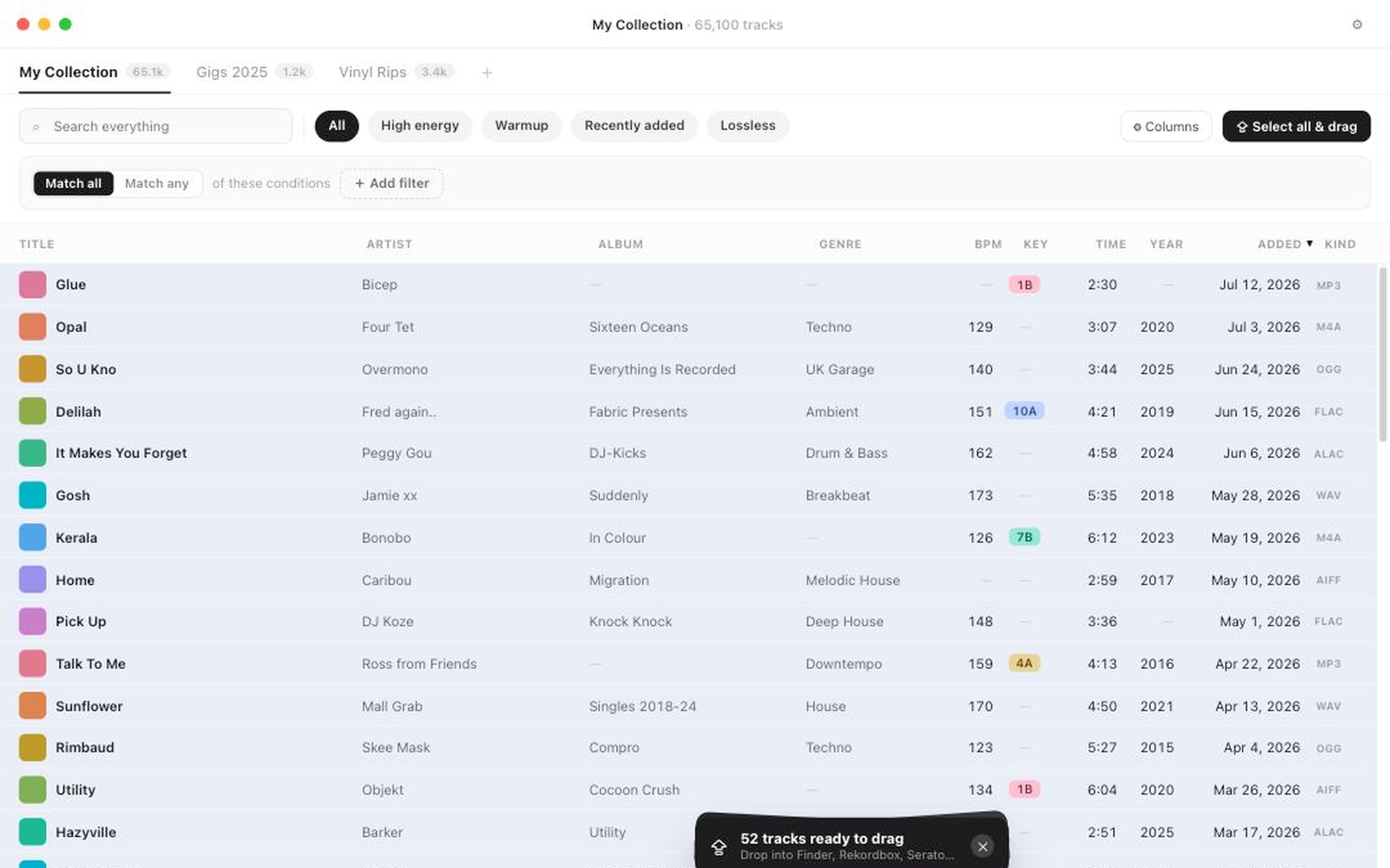 Tag Wrangler's library view showing 65,100 tracks with BPM, key, and genre columns, quick filter chips, a saved smart view for an upcoming gig, and a drag-to-export prompt